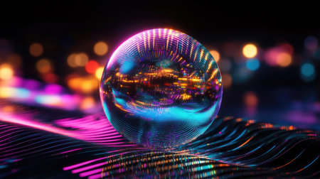 A D-rendered holographic disco ball emitting a spectrum of neon colors.の素材