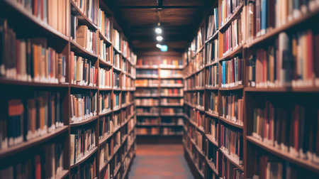 A soft-focus image of a bookstore interior, with rows of bookshelves fading into the distance.の素材