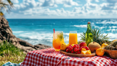 A beach picnic setup with a red checkered tablecloth, fresh fruit, and refreshing drinks against a stunning ocean backdrop.の素材
