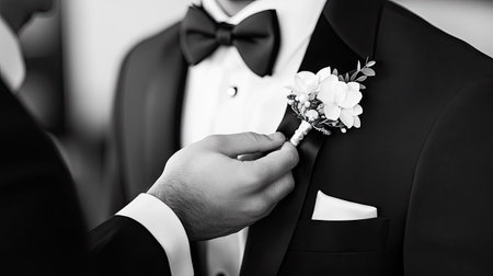 A best man fastening a boutonniere onto the groom's tuxedo, capturing a heartfelt moment.の素材