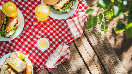 A bright and cheerful picnic scene with a red checkered tablecloth on a wooden table, plates of sandwiches, and refreshing lemonade.の素材
