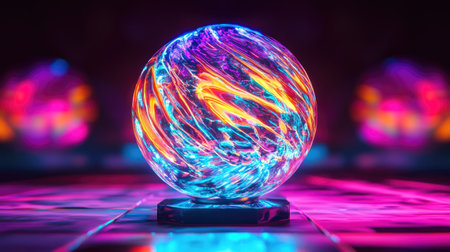 A D-rendered holographic disco ball emitting a spectrum of neon colors.の素材