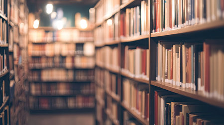 A soft-focus image of a bookstore interior, with rows of bookshelves fading into the distance.の素材