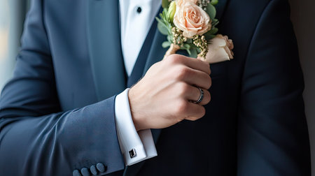 A groom's hand adjusting his cufflinks, with a beautifully arranged boutonniere on his lapel.の素材