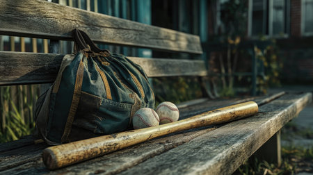 A broken wooden baseball bat placed on an old wooden bench, with a vintage sports bag and faded baseballs nearbyの素材