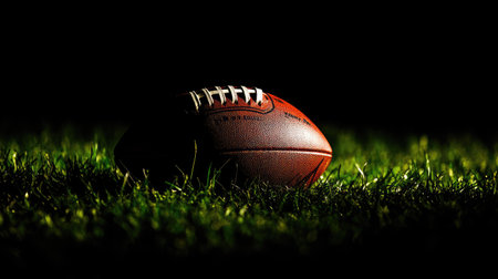 A game-ready American football sitting on green grass, highlighted by dramatic lighting.の素材