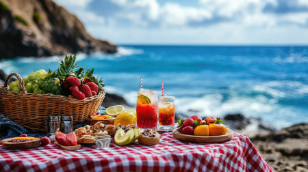 A beach picnic setup with a red checkered tablecloth, fresh fruit, and refreshing drinks against a stunning ocean backdrop.の素材