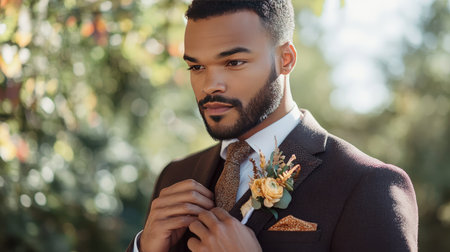 A groom adjusting his tie with a stylish boutonniere adding a fresh, elegant touch.の素材