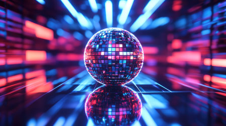 A glistening holographic disco ball with a futuristic sci-fi-inspired background.の素材