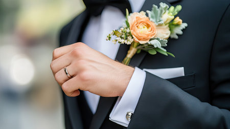 A groom's hand adjusting his cufflinks, with a beautifully arranged boutonniere on his lapel.の素材