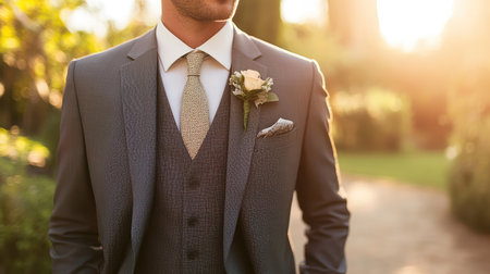 A groom in a three-piece suit standing in a sunlit garden, boutonniere neatly arranged.の素材