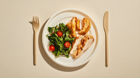 A casual dining setup featuring a white plastic plate with food, isolated on a neutral background.の素材