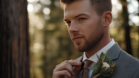 A groom adjusting his tie with a stylish boutonniere adding a fresh, elegant touch.の素材