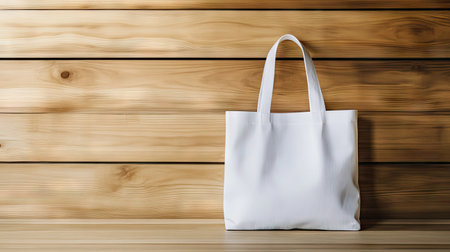 A blank white tote bag mockup placed on a wooden surface, perfect for design presentations.の素材