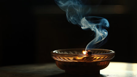 A glowing cigarette ember in a vintage ashtray, the smoke curling into the darkness.の素材