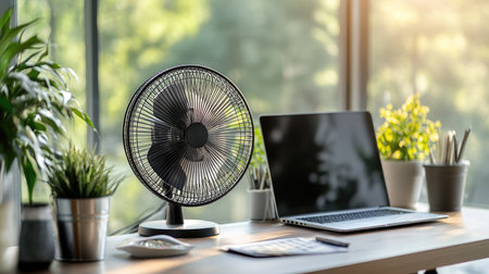 A stylish metal fan placed beside a desk, with a laptop, potted plants, and modern decor in a well-lit office.の素材