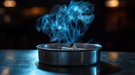 A cigarette smoldering in a metal ashtray, smoke dancing in the dimly lit atmosphere.の素材