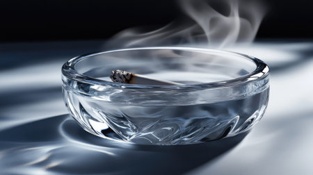 A classic glass ashtray with a half-burnt cigarette, smoke creating an atmospheric effect.の素材