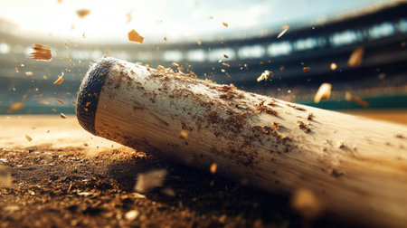 A close-up shot of a broken baseball bat, the splintered wood showcasing fine detail, with a blurred stadium backgroundの素材