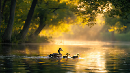 A duck mom leading her young in a gentle swim across a pond, with the soft light of dawn filtering through trees and casting a peaceful glowの素材