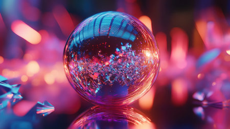 A close-up of a shimmering holographic disco ball casting vibrant reflections.の素材