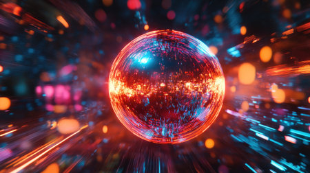 A dramatic shot of a holographic disco ball with intense neon reflections.の素材