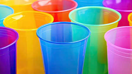 A close-up of multiple plastic cups in different colors, placed individually on a solid color background.の素材