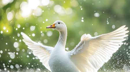 A close-up of a white goose as it flaps its wings, with water droplets flying in all directions and a soft backdrop of green trees and skyの素材