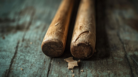 A close-up of a broken wooden baseball bat, split into two pieces, lying on a rustic wooden surface with soft natural lightingの素材