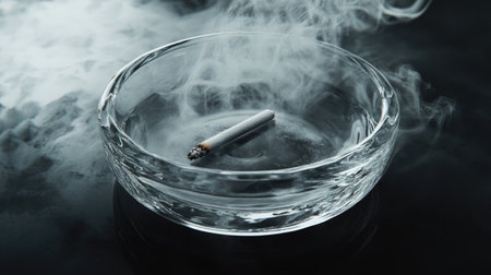 A classic glass ashtray with a half-burnt cigarette, smoke creating an atmospheric effect.の素材