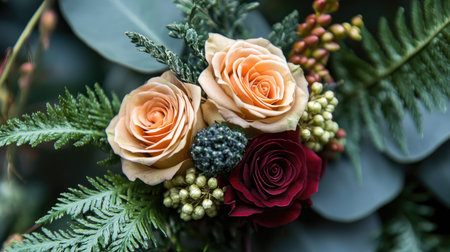 A close-up of a groom's boutonniere, made of fresh roses and greenery, pinned to his suit.の素材