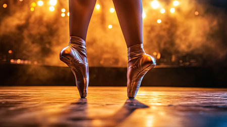 A close-up of a ballerina's feet in satin pointe shoes on a dimly lit stage.の素材