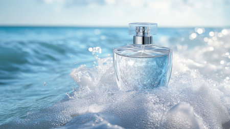 A clear glass perfume bottle surrounded by soft waves and gentle sea air, offering a fresh, beach-inspired fragrance experience.の素材