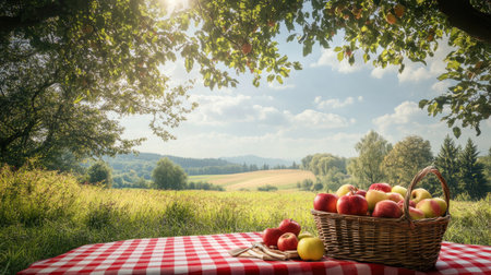 A countryside picnic with a red checkered tablecloth, a basket full of freshly picked apples, and a scenic farm view.の素材