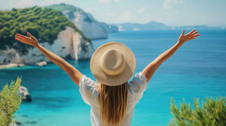 A woman standing with a straw hat in front of a panoramic sea view, her arms stretched wide to embrace the beauty of the ocean.の素材