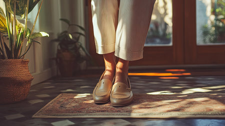 A fashionable woman sliding into stylish loafers, preparing for a casual day out.の素材