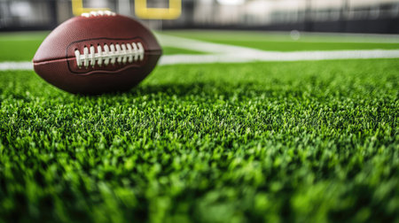 A close-up of an American football on turf, with crisp details popping against a black background.の素材