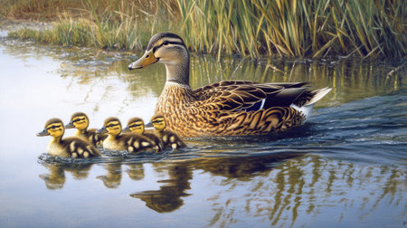 A family of ducks, with a mother leading her ducklings, gliding peacefully across a calm pond with reeds growing along the shoreの素材
