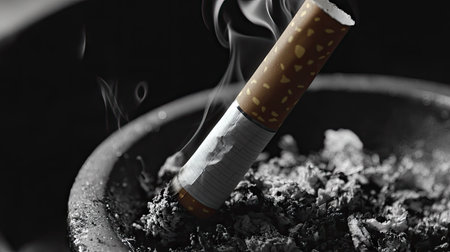 A close-up of ash falling from a cigarette resting in an ashtray, dark and dramatic.の素材