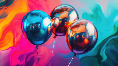 Metallic helium balloons reflecting light as they float above a vibrant, abstract color splash.の素材