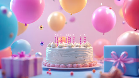 A vibrant birthday setup featuring a frosted cake, gift boxes, and floating helium balloons.の素材