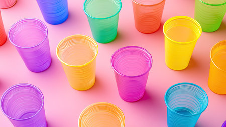 A close-up of multiple plastic cups in different colors, placed individually on a solid color background.の素材