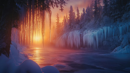 The sun's last rays filtering through translucent icicles, creating a mesmerizing winter glow.の素材