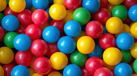 A close-up of a bright and colorful ball pit filled with plastic balls in red, blue, yellow, and green.の素材