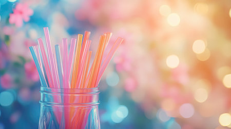 A collection of colorful drinking straws in a glass jar with a soft-focus background.の素材