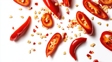 A close-up of hot red chili pepper slices with seeds falling from the center, on white.の素材