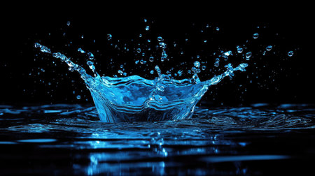 A vibrant blue-tinted water splash bursting against a black background, illuminated with subtle lighting.の素材