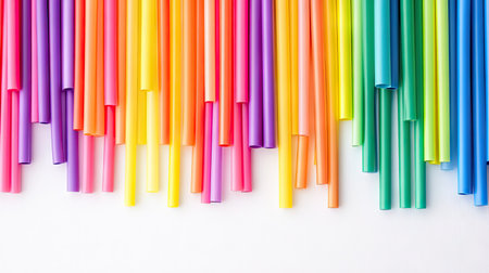 A collection of colorful drinking straws arranged neatly in a vibrant pattern on a white background.の素材