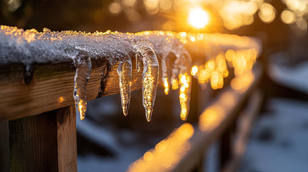 Tiny icicles forming on a wooden fence, catching the last light of a winter evening.の素材