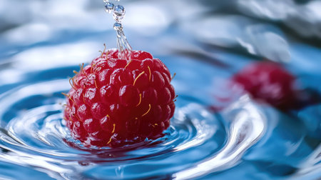 High-speed macro shot of a raspberry creating a ripple effect as it enters water.の素材